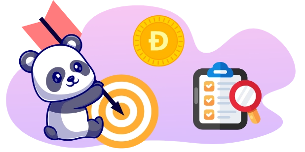 Ein Panda zielt mit einem Pfeil auf eine Zielscheibe, Dogecoin-Münze sowie eine Checkliste mit einer Lupe sind zu sehen.