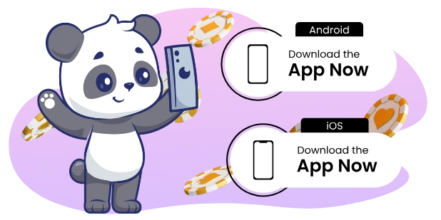 Eine süße Panda-Cartoonfigur hält ein Smartphone, umgeben von Münzen. Auf dem Bild sind außerdem Schaltflächen zum Herunterladen der App für Android- und iOS-Geräte zu sehen.
