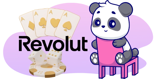 <p>Ein Cartoon-Panda sitzt auf einem Hocker neben dem Revolut-Logo mit Spielkarten und Würfeln im Hintergrund.</p>