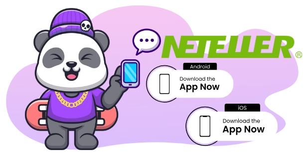 Ein cooler Panda-Cartoon mit Skateboard und Handy, daneben das Neteller-Logo und die Aufforderung, die App für Android- und iOS-Geräte herunterzuladen.