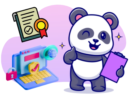 Ein fröhlicher Panda im Cartoon-Stil zeigt mit einem Daumen hoch, während er ein Klemmbrett hält, neben einem sicheren Laptop und einem zertifizierten Dokument stehend.