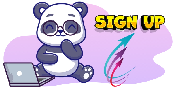 <p>Ein Cartoon-Panda betrachtet eine 'SIGN UP'-Nachricht auf einem Laptop.</p>