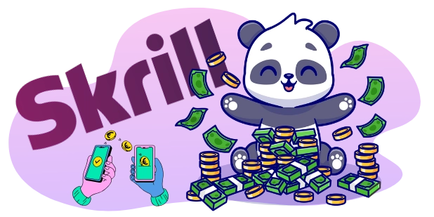 Ein fröhlicher Panda-Cartoon sitzt auf einem Stapel Geld mit dem Skrill-Logo gut sichtbar, umgeben von Münzen und Geldscheinen.