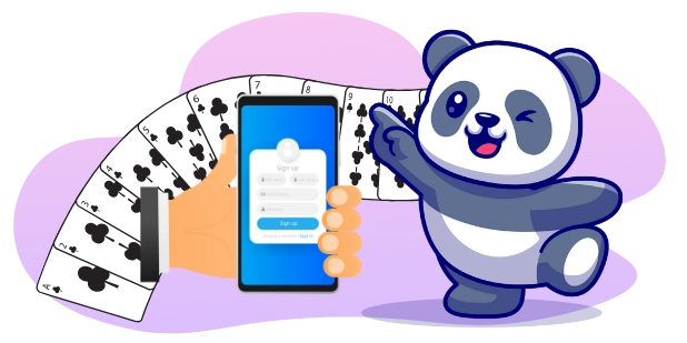 Eine fröhliche Panda-Cartoonfigur zeigt auf ein Smartphone, auf dem eine Registrierungsseite angezeigt wird, während im Hintergrund eine Hand Fächer aus Spielkarten hält.
