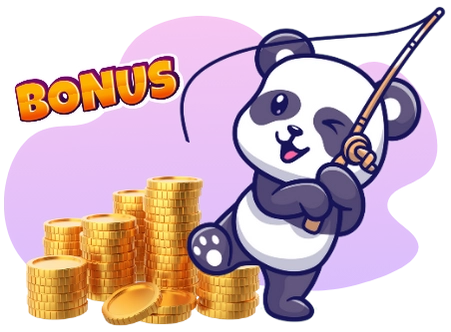 Ein Cartoon-Panda trägt eine Brille und lächelt, während er auf einem Laptop arbeitet, umgeben von Kartenspielen, Würfeln und Slotmaschinen, und