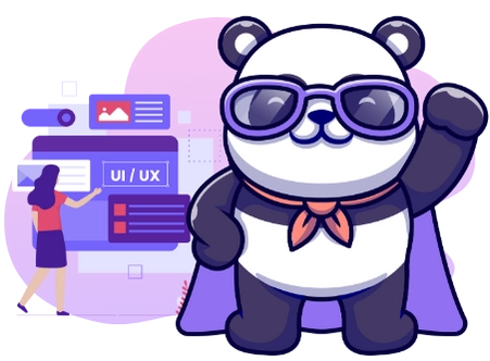 Ein Cartoon-Panda hat ein Ziel im Visier, während nahe bedeutende Symbole wie Kundenfeedback, Kommunikationswege und Transaktionswege zu sehen sind.