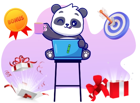Ein Cartoon-Panda sitzt am Laptop und hält dabei eine Tasse und verschiedene