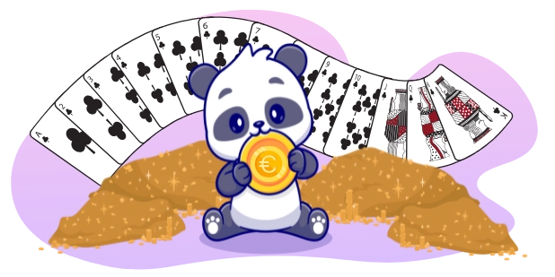 Ein süßer Panda-Cartoon sitzt auf einem Stapel Münzen und hält eine Euro-Münze, während im Hintergrund ein Fächer aus Spielkarten zu sehen ist.
