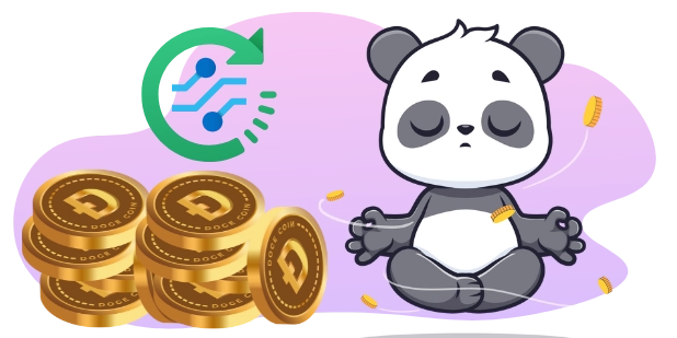 Ein meditierender Panda ist von Dogecoin-Münzen und einem Recycling-Symbol umgeben.