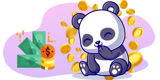 <p>Ein fröhlicher Cartoon-Panda beobachtet, wie Geld regnet.</p>