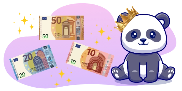 Eine Panda-Cartoonfigur mit einer Krone, umgeben von 50-, 20- und 10-Euro-Banknoten.