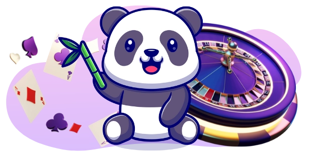 Ein fröhlicher Panda-Cartoon-Charakter hält einen Bambusstab und sitzt neben einem Roulette-Rad sowie Spielkarten – eine Szene, die Glück und Unterhaltung verspricht.