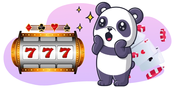 <p>Ein überraschter Cartoon-Panda reagiert auf die Symbole an einem Spielautomaten.</p>