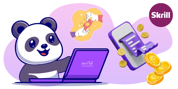 Ein fröhlicher Panda benutzt einen Laptop, während auf einem Smartphone ein Beleg und Münzen angezeigt werden, und eine Hand eine Münze übergibt, was auf schnelle und simple Zahlungen mit Skrill hindeutet.