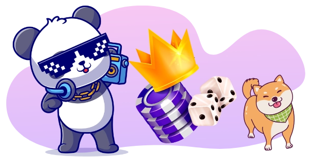 Ein cooler Panda trägt eine Sonnenbrille und hält einen Boombox, umgeben von Pokerchips, Würfeln, einer Krone und einem Shiba Inu Hund.