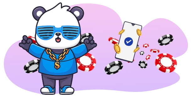 Ein cooler Panda-Cartoon mit Sonnenbrille und goldener Halskette, der von einem Regen aus Münzen und Casino-Chips umgeben ist, während ein Smartphone mit einem Häkchen angezeigt wird.