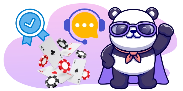Ein Comic-Panda als Superheld, ausgestattet mit einer Sonnenbrille, winkt fröhlich. Daneben stehen eine Sprechblase mit einem Headset und allerlei Casino-Accessoires wie Spielkarten und Chips.