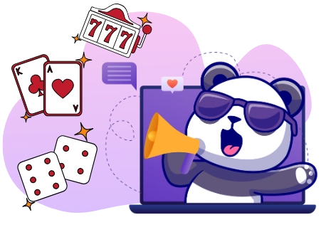 Ein Cartoon-Panda mit Sonnenbrille schreit durch ein Megafon, während er von Casinosymbolen wie einem Geldautomat mit drei Siebenen und Karten umsäumt wird.