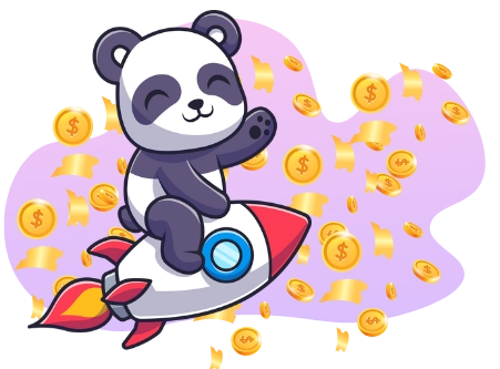 Ein fröhlicher Panda im Cartoon-Stil reitet auf einer Rakete durch einen Regen aus Münzen.