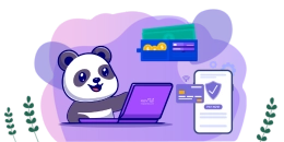 Ein süßer Panda benutzt einen Laptop, während daneben ein Smartphone mit einem Kreditkartensymbol und einem Schild zu sehen ist.