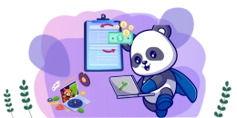 Ein Cartoon-Panda mit einem blauen Umhang steht selbstbewusst und hält einen Laptop. Im Hintergrund sehen wir den Monitor eines Laptops mit Online-Casino-Spielen, ein Rouletterad und einen Stapel Münzen.