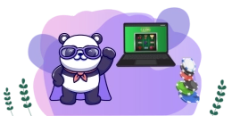 Ein cooler Panda im Superheldenkostüm grüßt neben einem Laptop, auf dem ein Casino-Spiel läuft. Um den Panda herum liegen Spielchips verstreut.