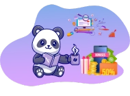 Ein liebenswerter Panda mit Flügeln hält eine Goldmünze und ist umgeben von Spielkarten, Chips, einem Laptop mit Casino-Spiel und einem Geschenkpapendorf.