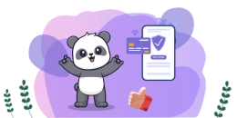 Ein Panda mit Brille sitzt auf einem Bleistift und blickt auf einen Laptop, auf dem eine Kalender- und eine Bewertungsseite geöffnet sind.