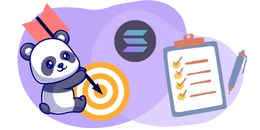 Ein Cartoon-Panda, der mit Pfeil und Bogen auf ein Ziel mit Solana-Logo zielt, hat eine Checkliste dabei.