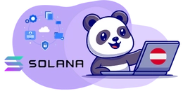 Ein Cartoon-Panda, der einen Laptop mit Solana-Logo und Cloud-Symbolen benutzt.