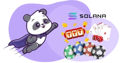Ein Cartoon-Panda als Superheld mit Solana, Casino-Chips, Karten und Würfeln.