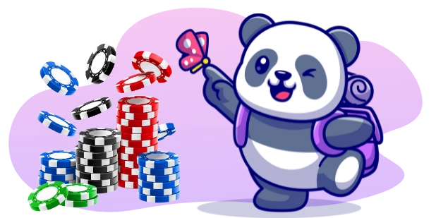 Ein zwinkernder Cartoon-Panda mit einem Rucksack deutet auf einen Schmetterling mit verstreuten Pokerchips im Hintergrund.