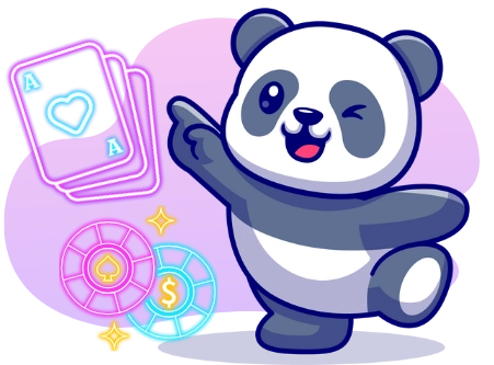 Ein freundlicher Panda schwebt mit Luftballons in Form von Dollarzeichen und einer offenen Geschenkbox mit Goldmünzen darin.