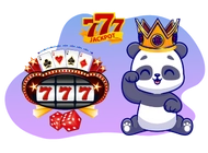 Ein cartooniger Panda mit einer Krone sitzt neben einem Jackpot-Banner mit Spielkarten und Würfeln, das die Nummer 777 zeigt.