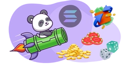 Ein Cartoon-Panda auf einer Rakete mit Solana, Münzen, Chips und einer Wallet.
