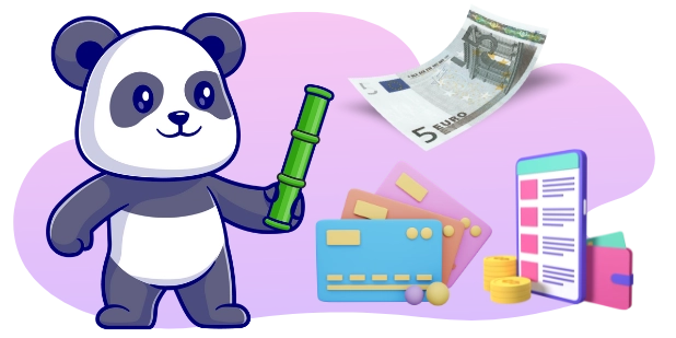 Ein Cartoon-Panda hält einen grünen Bambusstock, während im Hintergrund ein 5-Euro-Schein, Kreditkarten und ein Smartphone mit einer Banking-App zu sehen sind.