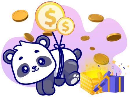 Ein stilvoller Panda trägt eine Sonnenbrille und eine goldene Kette, während verschiedene Kryptowährungen himmelwärts fliegen und im Beutel landen.