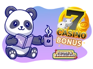 Ein Cartoon-Panda liest ein Buch und daneben befindet sich ein Banner mit dem Schriftzug „Casino-Bonus“, sowie Würfeln und einem Button mit „Allgemeine Geschäftsbedingungen“.