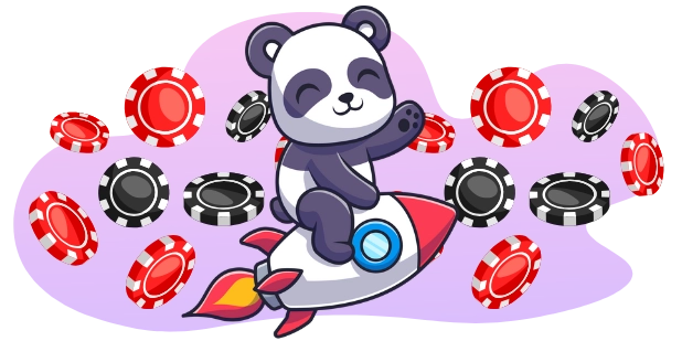 Ein Cartoon-Panda lächelt und winkt auf einem Raketen-Schiff, umgeben von fliegenden Pokerchips.