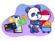 Ein Cartoon-Panda mit Münzen, einem Bitcoin-Telefon und der österreichischen Flagge.