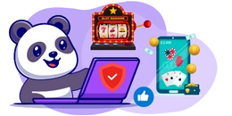 Ein Comic-Panda mit einem freundlichen Lächeln betrachtet einen Laptop, der mit einem Sicherheitsschild dekoriert ist, daneben ein Spielautomat und ein Telefon, auf dessen Bildschirm eine Pokerhand und Casino-Chips gezeigt werden.