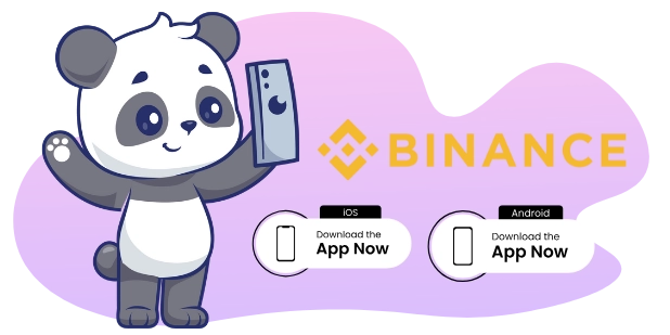 Ein Panda rast auf einer Bambus-Rakete in Richtung einer Binance-Münze mit einem Schloss-Symbol. Ein Computermonitor zeigt einen Graphen und einen „KAUFEN“-Button.