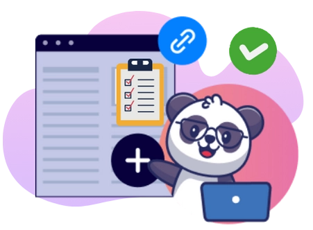 Ein Cartoon-Panda mit Brille sitzt an einem Laptop und betrachtet ein Website-Vorschau mit einer Checkliste, einem Pluszeichen, einem Link-Symbol und einem Häkchen.
