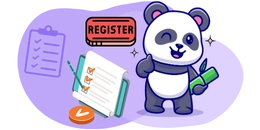 Ein Comic-Panda gibt neben einem Klemmbrett mit Checkliste, einem Registrieren-Button und einem Bambusstab mit „Daumen Hoch“ klare Zustimmung.