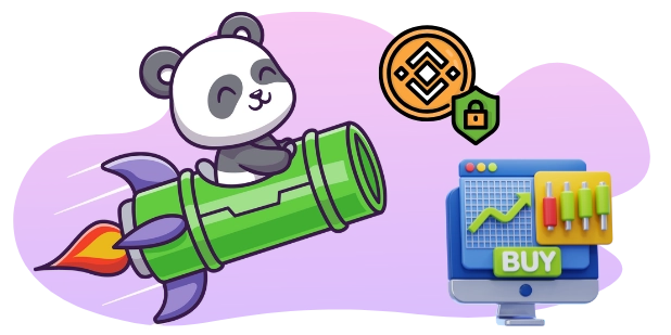 Ein niedlicher Panda demonstriert auf eine Binance-Münze, dabei befinden sich bekannte Kryptowährungen wie Bitcoin und Ethereum smiley-nah.