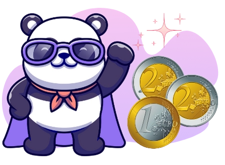 Ein stylischer Cartoon-Panda mit Sonnenbrille und Umhang zeigt auf Euro-Münzen, die im funkelnden Licht erstrahlen.