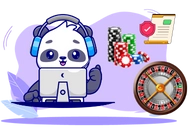 Ein Cartoon-Panda mit Kopfhörern, Laptop, Chips und Roulettetisch.