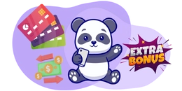 Ein Comic-Panda hält ein Telefon in der Hand. Neben ihm liegen Kreditkarten, Bargeld und ein Banner mit der Aufschrift „Extra-Bonus“.