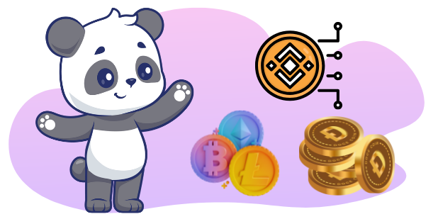 Ein Panda hebt glänzend den Daumen, umgeben von roten Pokerchips und dem Binance-Logo.
