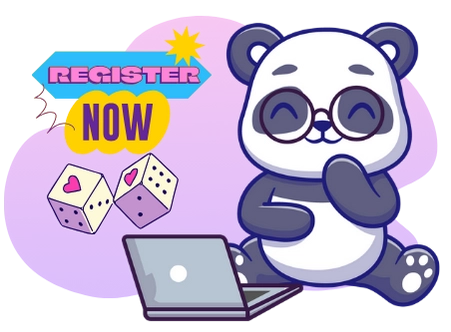 Ein Cartoon-Panda mit Brille sitzt mit einem Laptop und schaut auf eine „JETZT REGISTRIEREN“-Botschaft sowie zwei Würfel mit Herzen.